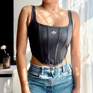 adidas Black Faux-Leather Corset Crop Tank Top